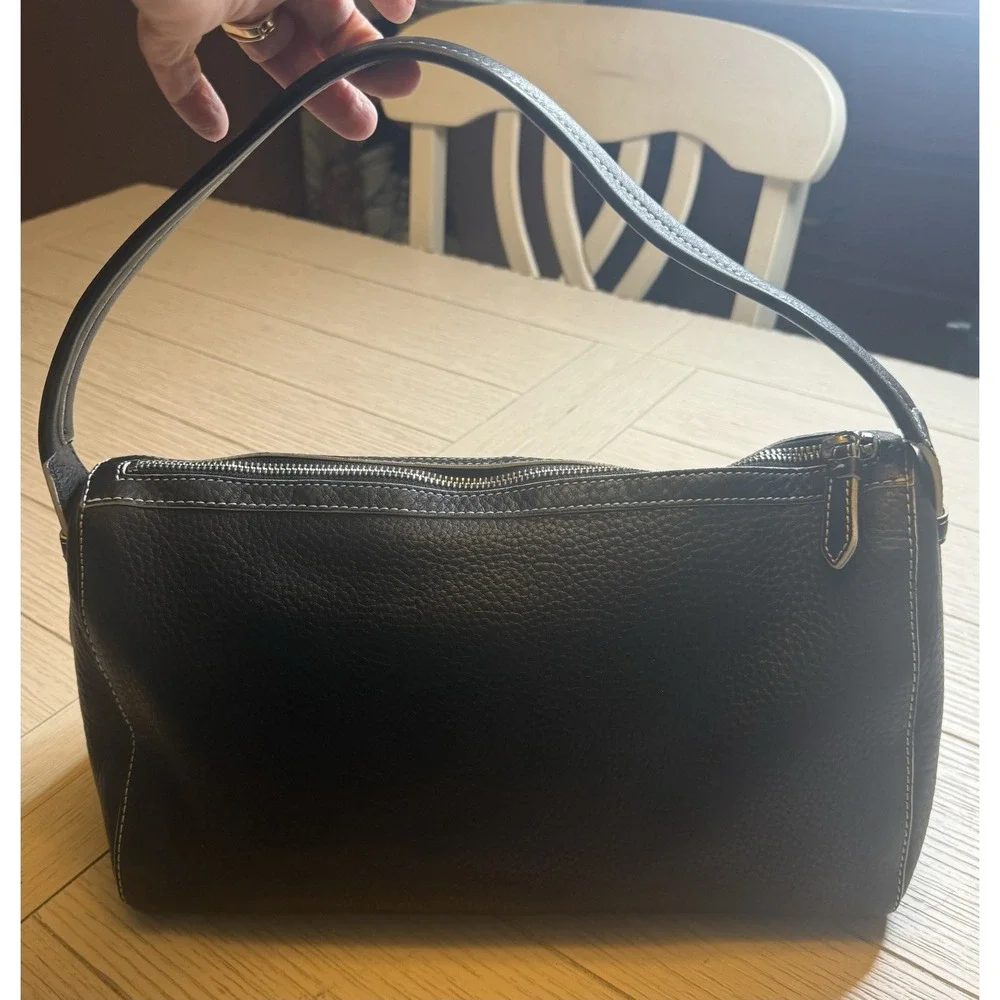 Cole Haan Black Pebble Leather Shoulder Bag‎ W/ Contrast Stitching, Zip Close.